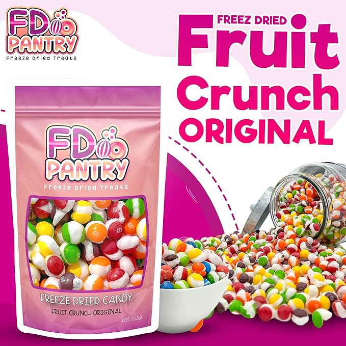 Freeze Dried Candy, Fruit Crunch Original, 4 oz, Assorted Strawberry, Orange, Lemon, Grape, Lime Flavors, Bag Pouch, Ideal Gift Snack