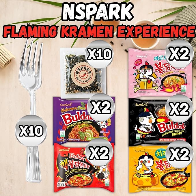 NSPARK FLAMING KRAMEN Spicy Ramen Variety Pack (10 Packs) | 5 Famous Flavors & (10) Sesame Seaweed Topper | (10 Individual Wrap Heavy Fork) Ultimate Korean Style Spicy Noodle Challenge 30 Item Count | Asian Instant Ramen Student Care Package Bundle