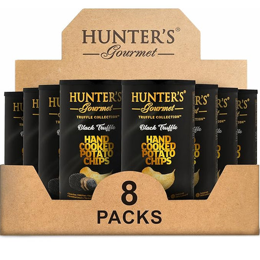 Hunter's Gourmet Potato Chips | Hand-Cooked | Lactose-Free | No Artificial Colors | Halal | Made in a Nut-Free Facility | Black Truffle Chips | Vegan | Gluten-Free Snacks | Pack of 8 | 150g