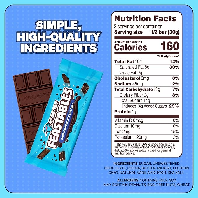 Feastables MrBeast Dark Chocolate with Sea Salt Chocolate Bar, King Size Candy Bar for Adults & Kids, Candy Bars for Snacks, Gifts, & Dessert, Sweet & Creamy Fairtrade Cocoa, 2.1 Oz Each, 10 Count