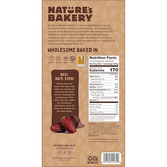 Nature’s Bakery Double Chocolate Brownie Bars, Whole Grains, Dates, and Cocoa, Plant Based, Dairy-Free, Snack Bar, 1 box with 12 Twin Packs (12 Twin Packs) (Pack of 2)