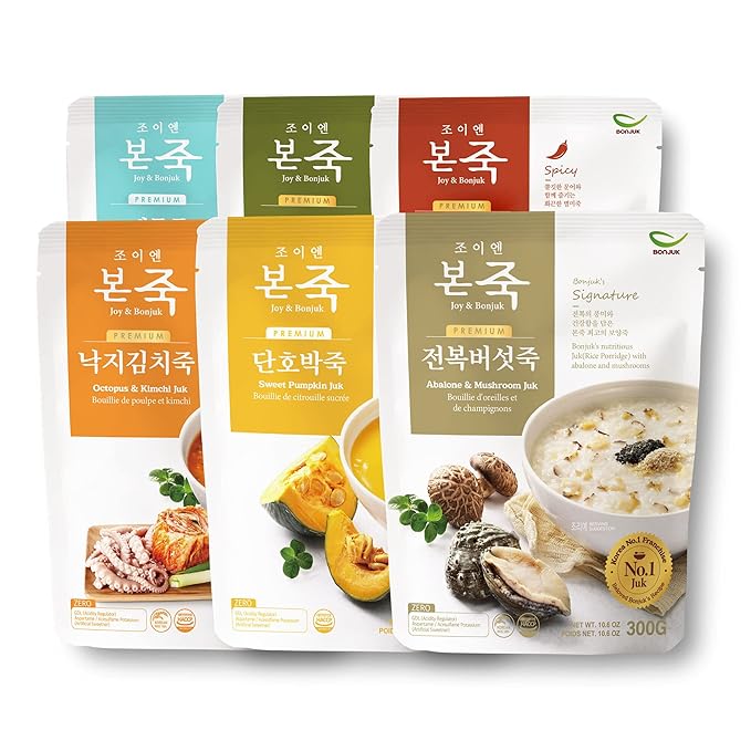 [Week Pack] BONJUK Rice Porridge, 6-Day Meal Kit – Pack of 6 Flavors (10.6oz each) – Abalone & Mushroom, Spicy Jjamppong Seafood, Vegetable, Octopus & Kimchi, Sweet Pumpkin, Seafood