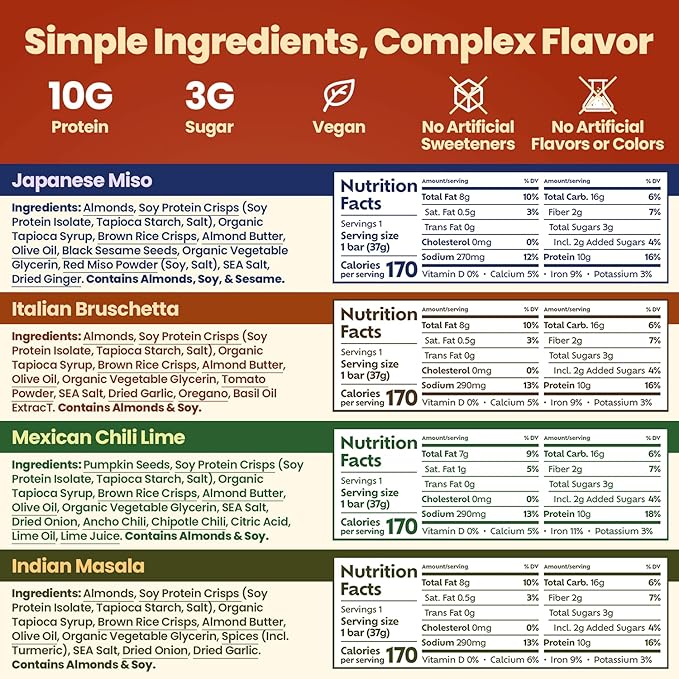 Afar Savory Protein Bars – Low Sugar, High Protein – Healthy Snacks for Adults – Meal Replacement Bar – Rice Crispy Texture – Vegan, Gluten Free (8 Bars, Variety Pack)