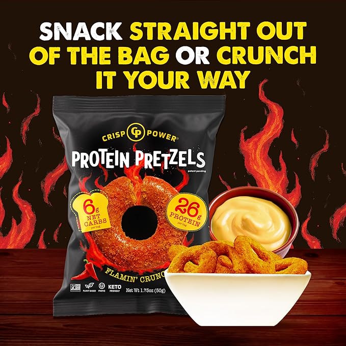 Crisp Power Protein Pretzels, NEW Flamin' Crunch, High Protein Snack, 25G Protein, Low Carb Crunchy Pretzel Snacks, No Added Sugar, 1.75 oz Bags, 24 Pack, Vegan, Plant-Based, Keto