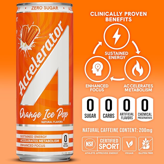 Accelerator Energy Drink, Orange Ice Pop 12oz can (12 pack), Zero Sugar, Sustained Energy from 100% Natural Caffeine (200mg from Green Coffee Bean & Green Tea extract)