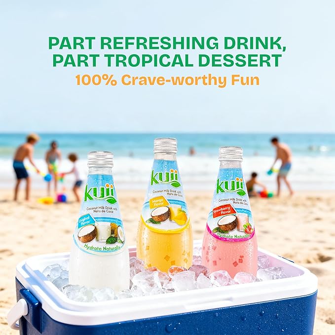 Kuii Coconut Milk Drink Variety Pack – 12 Count with Original Coconut, Strawberry & Mango Flavors – Refreshing Drinks with Nata de Coco for Fun & Fruity Tropical Hydration, 9.8 fl oz Bottles