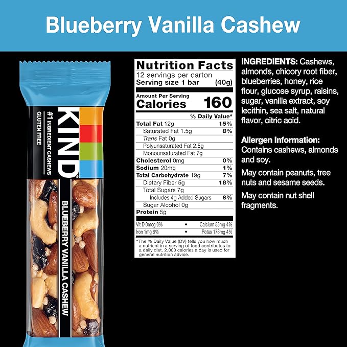 KIND Bars, Blueberry Vanilla Cashew, Healthy Snacks, Gluten Free, 5g Protein, 12 Count (Pack of 2)