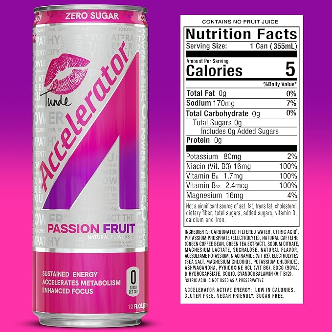 Accelerator Energy Drink, Passion Fruit 12oz can (12 pack), Zero Sugar, Sustained Energy from 100% Natural Caffeine (200mg from Green Coffee Bean & Green Tea extract)