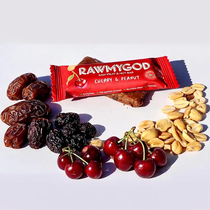 RAWMYGOD Fruit and Nut Bars, Gluten Free, Vegan, No Added Sugar (16 bars, Cherry & Peanut)