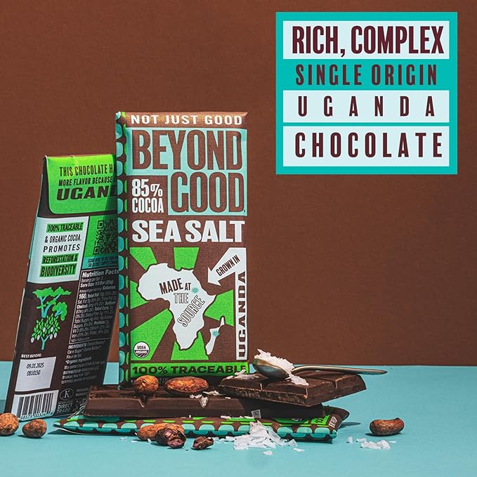 Beyond Good 85% Cocoa Dark Chocolate Bars with Sea Salt | 12 Pack - Chocolate Bars | Organic, Direct Trade, Vegan, Kosher, Non-GMO | Single Origin Uganda Chocolate