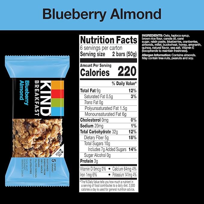 KIND Breakfast Bars, Blueberry Almond, Healthy Snacks, Gluten Free, 100% Whole Grains, 3g Protein, 30 Count