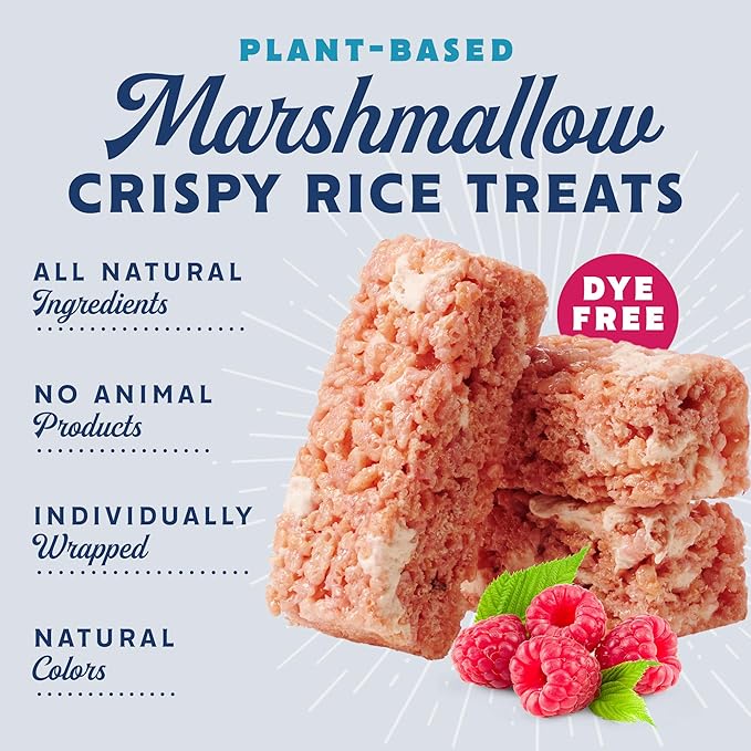 GoodMallow Vegan Rice Crispy Treats Individually Wrapped Box of 8 , Kosher Vegan Snacks, Gluten Free Dairy Free Snacks for Kids & Adults - Healthy Sweets Made with Gourmet Marshmallows, Made in USA (Raspberry)