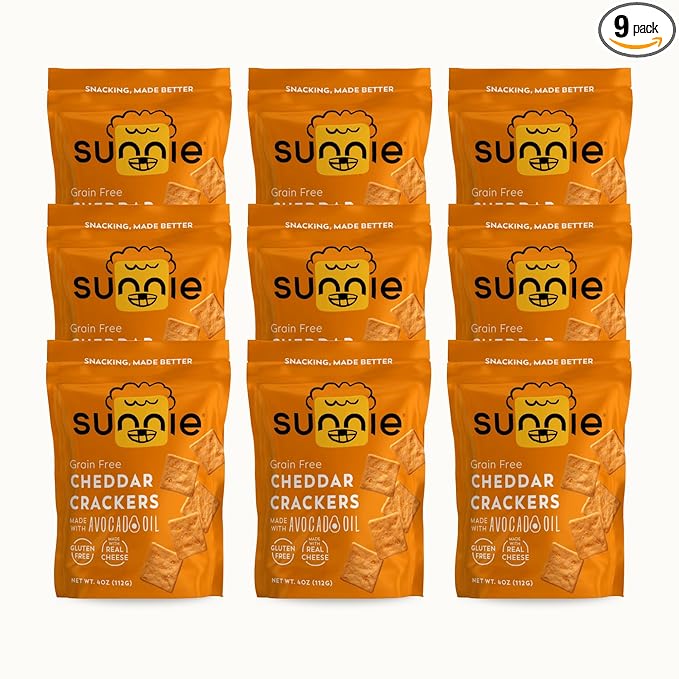 Sunnie Gluten Free Cheddar Crackers, Healthy Grain-Free Cracker Made with Real Cheese, Snacks for Kids & Adults, Made with Avocado Oil, Low Calorie Snack, 4 oz, Pack of 9