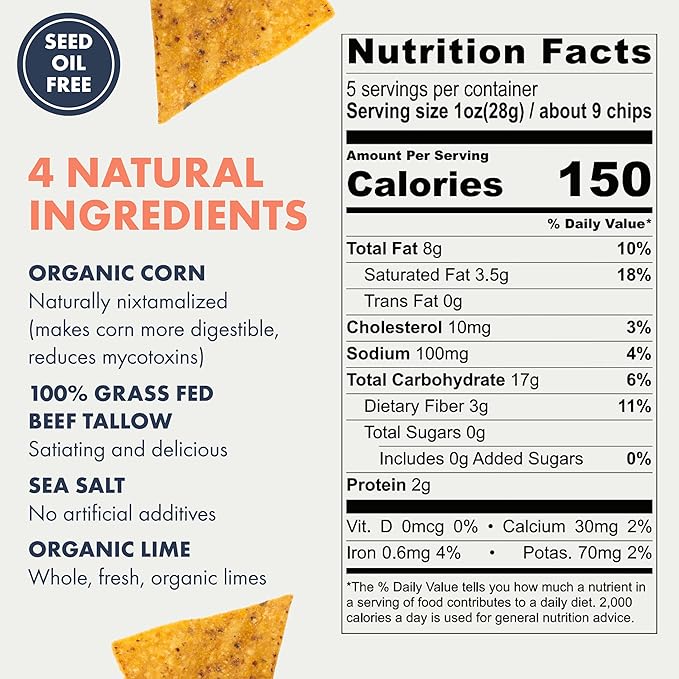 MASA Chips - Lime Flavored Tortilla Chips, Handmade Corn Chips & Crisps - Naturally Grown White Corn, Made with Grass Fed Tallow & Sea Salt - 6 Pack, 5 Ounce Each