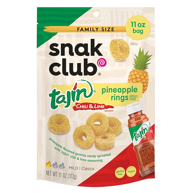 Snak Club Tajin Pineapple Rings Gummy Candy, Fruit Candy Gummies with Chili and Lime Seasoning, Mild, Gluten-Free and Vegan Snacks, 11 oz Resealable Bag