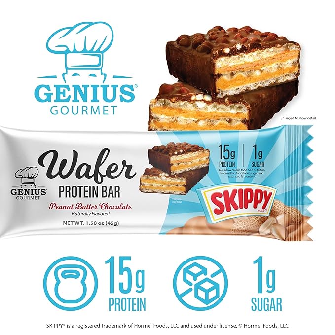 Genius Gourmet SKIPPY® Peanut Butter Chocolate Flavored Wafer Protein Bars,15g Protein per serving (30% DV), 1g Sugar, Chocolatey Snack Bar – 10 Count