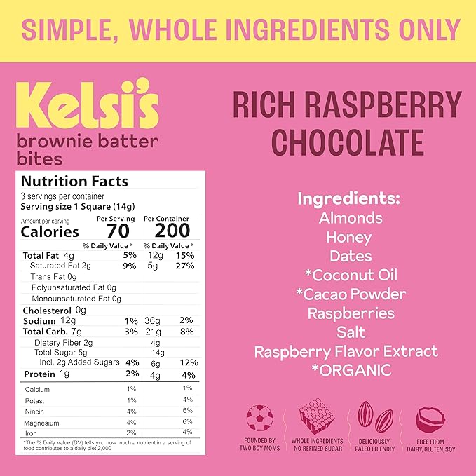 Kelsi's Rich Raspberry Chocolate Brownie Batter Bites, 8 Pack - Whole Ingredients, Healthy Brownie Bites, Dairy Free, Gluten Free, Soy Free Chocolate, Zero Refined Sugar, Paleo, Minimally Processed, Healthy Snack Alternative for Adults & Kids
