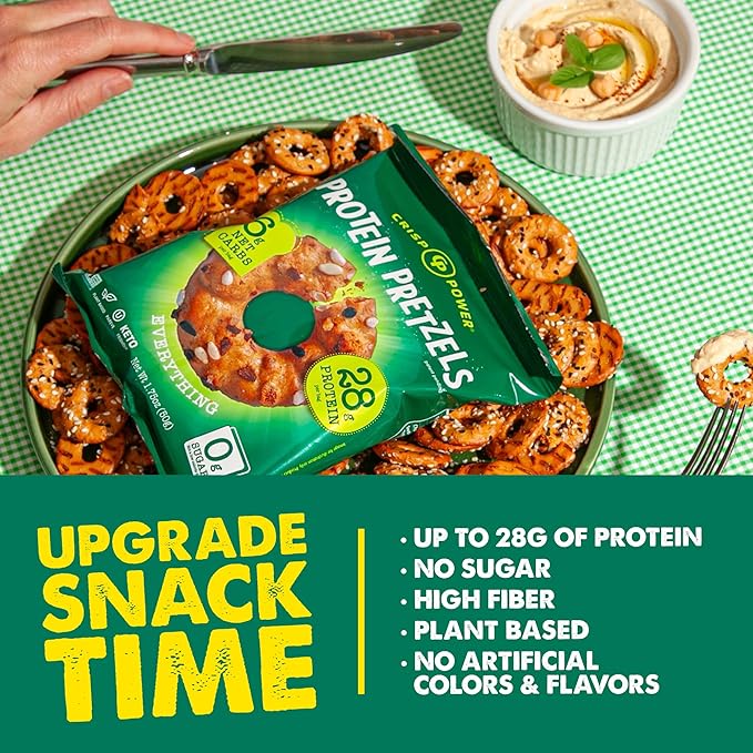 Crisp Power Protein Pretzels, Everything, High Protein Snack, 28G Protein, Low Carb Crunchy Pretzel Snacks, No Added Sugar, No Seed Oils, 1.75 oz Bags, 24 Pack, Vegan, Plant-Based, Keto