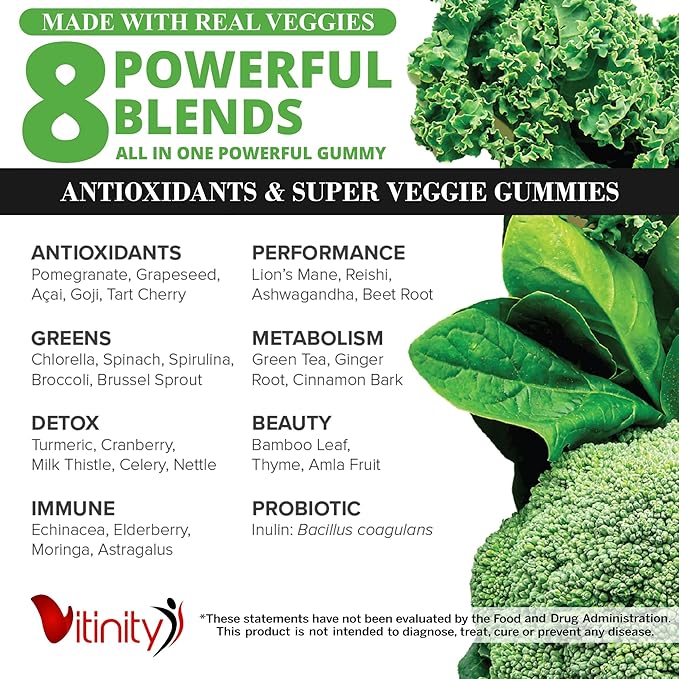 VITINITY Made with Real Fruit and Real Veggie Gummies - Superfood Vegetable Vitamin Supplement for Women,Men & Kids - with a Blend of Fruit and Greens for Daily Health (60-Day Supply)