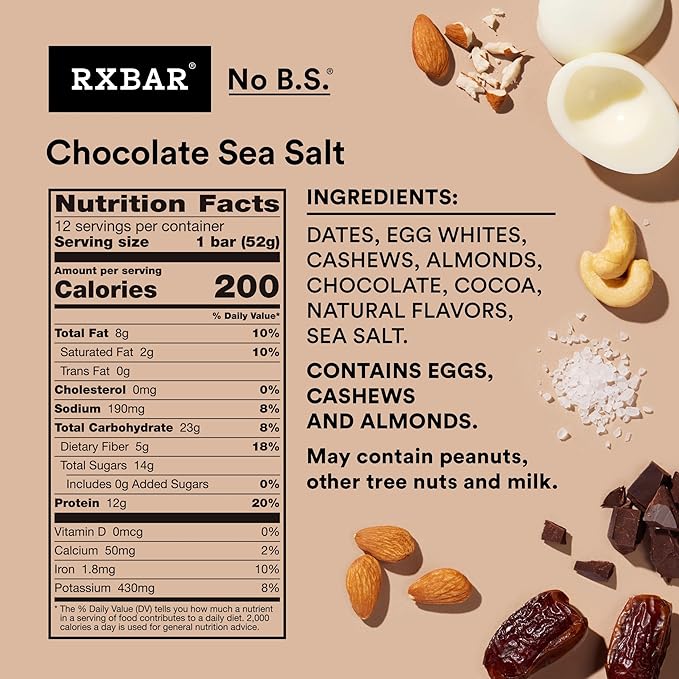 RXBAR Protein Bars, Protein Snack, Snack Bars, Chocolate Sea Salt, 22oz Box (12 Count)