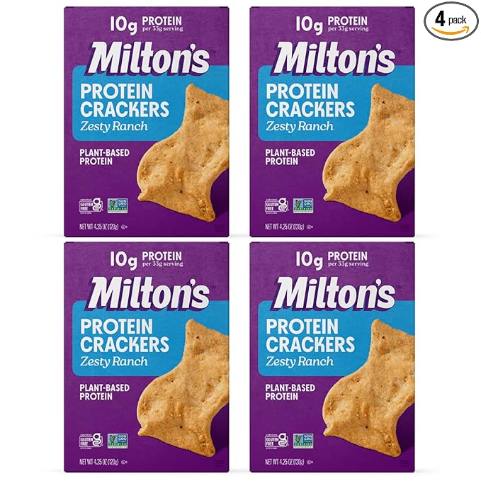 Milton's Protein Crackers, Zesty Ranch - 10g of Plant-Based Protein Per Serving, Gluten Free, Non-GMO Project Verified, Vegetarian-Friendly, Zero Grams Added Sugar Per Serving, 4.25 Oz, Pack of 4