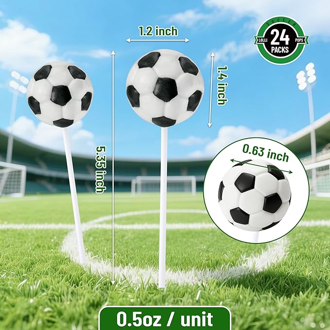 24 Soccer Candy Lollipops, Perfect for Soccer Party Favors, Birthday Goodie Bags, Team Gifts and Sports Themed Party Supplies, Fun Soccer Treats for Fans, Birthday Decor and Team Celebration Supplies