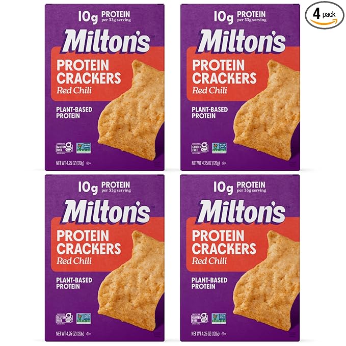 Milton's Protein Crackers, Red Chili - 10g of Plant-Based Protein Per Serving, Gluten Free, Non-GMO Project Verified, Vegetarian-Friendly, Zero Grams Added Sugar Per Serving, 4.25 Oz, Pack of 4