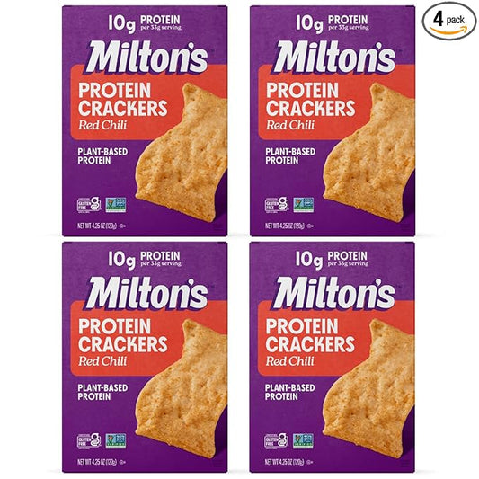Milton's Protein Crackers, Red Chili - 10g of Plant-Based Protein Per Serving, Gluten Free, Non-GMO Project Verified, Vegetarian-Friendly, Zero Grams Added Sugar Per Serving, 4.25 Oz, Pack of 4