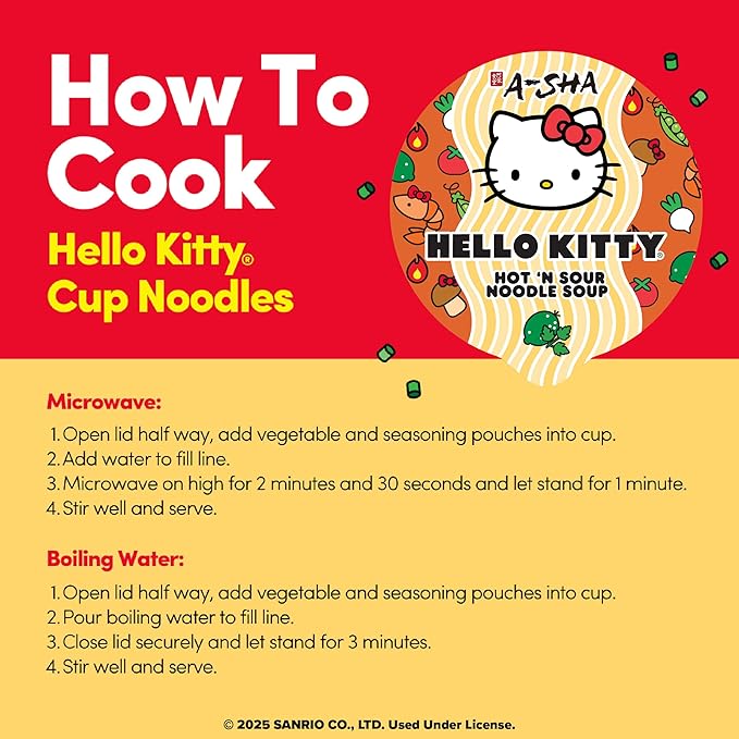 Hello Kitty Instant Ramen Noodle Cup | 6 Pack | Hot and Sour Flavor | Premium Microwaveable Ramen Soup Mix, Asian Snacks