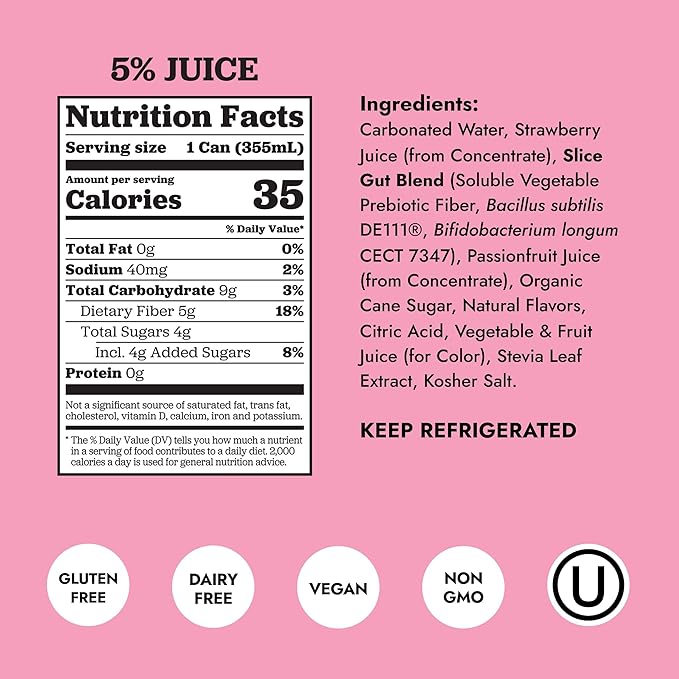 Slice Healthy Soda, Strawberry, Prebiotic & Probiotic Soda Pop, 5g Fiber, 35 calories, 12 fl oz 12 Pack