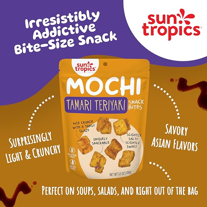 Sun Tropics Mochi Snack Bites Tamari Teriyaki Flavor, 3.5 oz (Pack of 6) | Crispy Crunchy Mochi Rice Bites | Gluten Free, Dairy Free, No MSG Added Asian Rice Snacks
