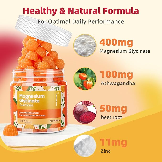 DREAVIO 90 Count Magnesium Glycinate Gummies 400mg w/Ashwagandha Supplement - Sugar Free Zinc Magnesium Glycinate Supplement Ashwagandha Gummies for Adults Orange Flavor