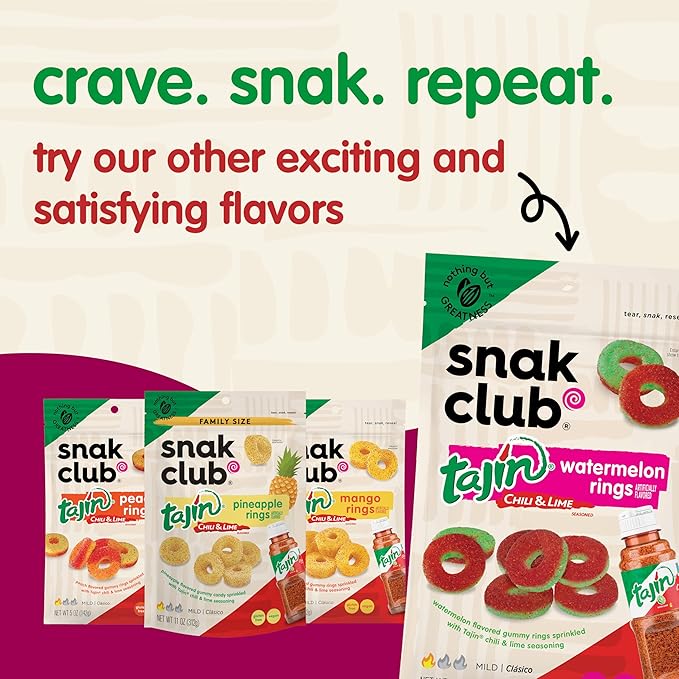 Snak Club Tajin Apple Rings Gummy Candy, Fruit Candy Gummies with Chili and Lime Seasoning, Mild, Gluten-Free and Vegan Snacks, 5 oz Resealable Bags, 6 Pack