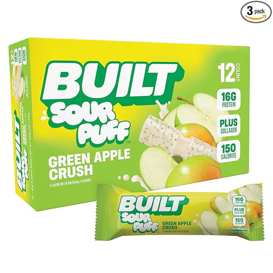 Built Bar, Sour Puff Protein Bars, Green Apple Crush, Collagen, On-the-go Snacks, Sour Candy Snack, 12 Pack