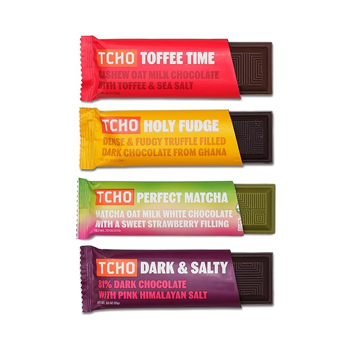 TCHO Singles Variety Pack - Plant Based, Organic Chocolate Singles - Vegan, Gluten-Free, Soy-Free - Handcrafted Pure Cacao Bars - Chocolate Bars - 18 Count - Holy Fudge, Toffee Time, Dark & Salty, Perfect Matcha (Pack of 4)