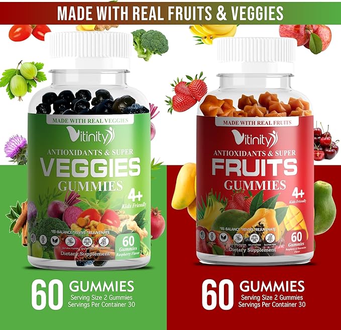 VITINITY Made with Real Fruit and Real Veggie Gummies - Superfood Vegetable Vitamin Supplement for Women,Men & Kids - with a Blend of Fruit and Greens for Daily Health (60-Day Supply)