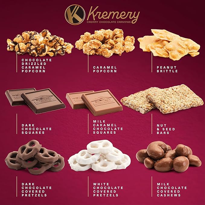 KREMERY Creamy Chocolate Cravings - Valentines Day Chocolate Covered Pretzels & Caramel Popcorn Gift Basket, in Seagrass Tray + Ribbon (Deluxe, 3.5 lbs) Sweet Treats Food Arrangement, Kosher