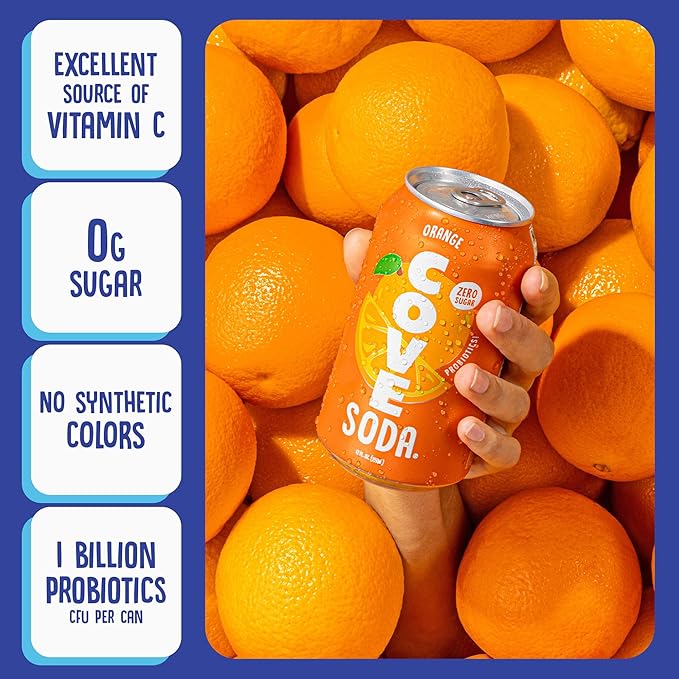 Cove Probiotic Soda, Zero Sugar Better-For-You Alternative - Refreshing, Delicious Probiotic Drink, No Synthetic Colors & Caffeine Free - Orange, 12 Pack