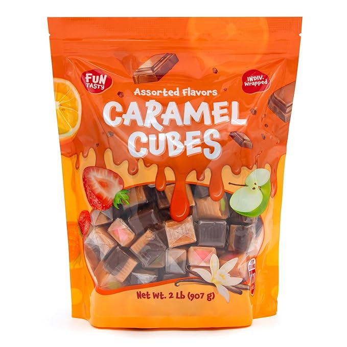 Caramel Cubes Candy Mix - 2 Pound Pack 150 Count - Filled Creamy Caramels Individually Wrapped - Vanilla, Chocolate, Apple, Strawberry - Assorted Chews