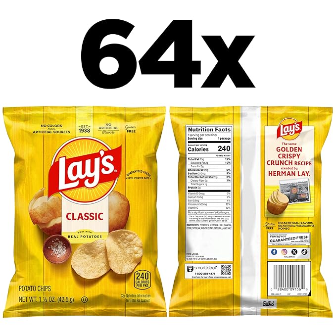 Lay's Potato Chips, Classic, 1.5 Ounce (Pack of 64)
