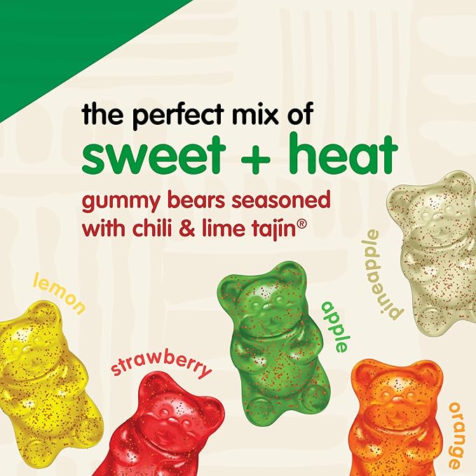 Snak Club Tajin Gummy Bears, Assorted Fruit Candy Gummies with Chili and Lime Seasoning, Mild Spice, Gluten-Free and Vegan Snacks, 9 oz Resealable Bags, 3 Pack