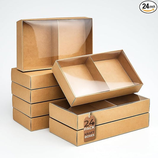 Diakarma Gift Boxes with Clear Cover, Bakery Treat Boxes for Small Cakes, Cookies, Desserts, Donuts, Pastries, Gifts, and Party Favors – Durable & Elegant (24 Pieces Brown Kraft, 4"x8"x1.2")