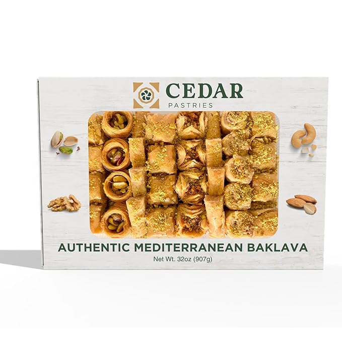 Cedar Pastries Assorted Mediterranean Baklava 33-Piece Large Box – Pistachio, Cashew & Walnut Bitesize Treats | Kosher & Halal Certified