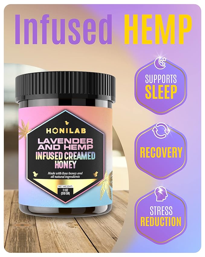 Spun Honey Lavender & Hemp Infused Creamed Honey - OU Kosher Certified - Natural & Pure Blend - No Added Flavors, Independent Testing for Purity and Potency, Whole Ingredients - 11 Oz. Jar