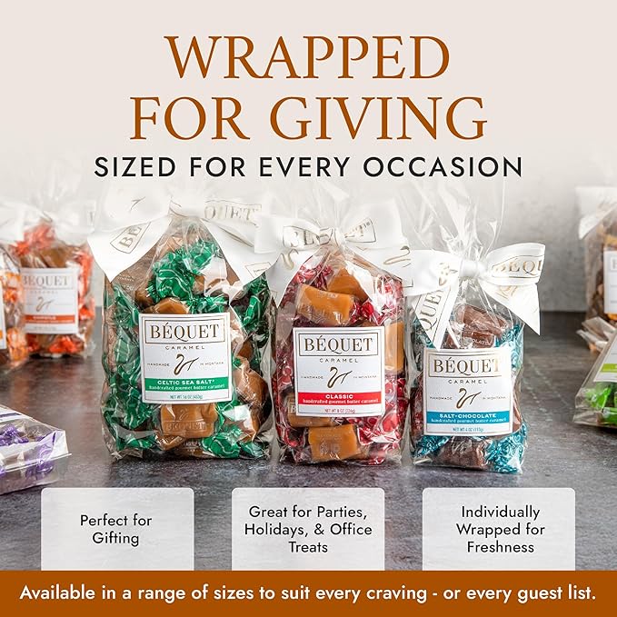 Béquet Celtic Sea Salt Caramels – Soft, Individually Wrapped Gourmet Caramel Candy, Gluten‑Free & Kosher – 8 oz Gift Bag