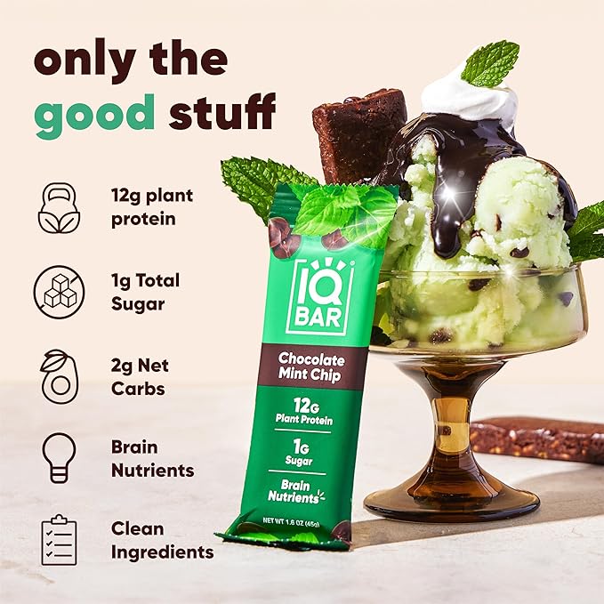 IQBAR Brain and Body Plant Protein Bars - Chocolate Mint Chip - 24-Count - Keto, Vegan, Low Carb, High Fiber, Gluten Free, Dairy Free, Low Sugar Snack with Nutrients for Focus, Energy, Meal Replacement