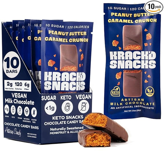 Krack’d Snacks Keto Milk Chocolate Candy Bars (10 Pcs.) Low Carb, Vegan, Sugar Free Keto Bar with Peanut Butter Caramel Crunch Toffee & Allulose | Gut Friendly, Non GMO, Gluten Free Keto Snack