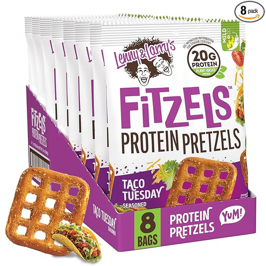 Lenny & Larry's Protein Pretzel [Taco Tuesday] FITZELS - Crunchy, Salty, Savory, Tasty Snack High in Protein - Taco Tuesday 20 g's of Plant Protein 8 Bags, 3 oz Each