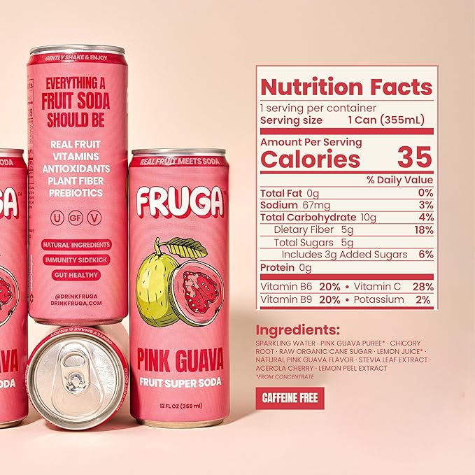 FRUGA Pink Guava Sparkling Fruit Super Soda | Prebiotic Soda, Low Calorie, Healthy Soda Benefits and Vitamin Boost