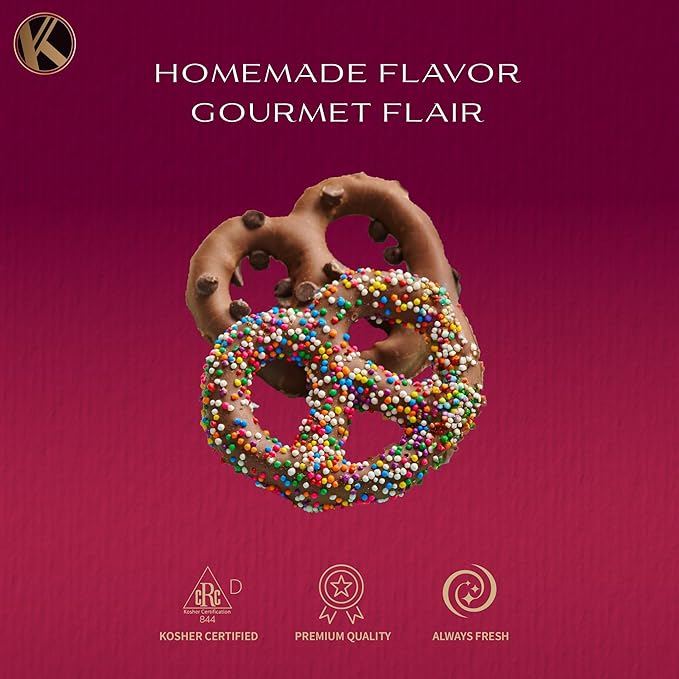KREMERY Creamy Chocolate Cravings - Valentines Day Chocolate Covered Pretzel Twists Gift Basket, in Brown Gift Box (12 Pretzels, Assorted Sweet Toppings) Sweet Treats Food Arrangement, Kosher